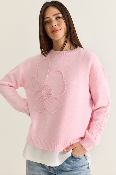 Bianco Lucci Pulover de damă, roz pudră, cu textură moale, cu model floral br...