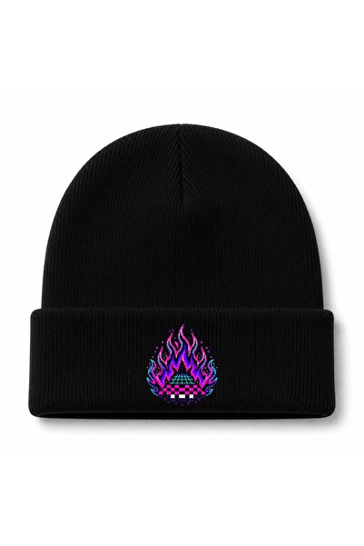 Rabona Fashion Căciulă grafică Neon Inferno cu flăcări retro pixel și grilă c...