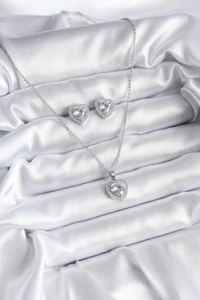 callerrons accessories Chain Silver Color Zircon Stone Heart Model Women's Necklace Earring Set - Ebj261010W47119