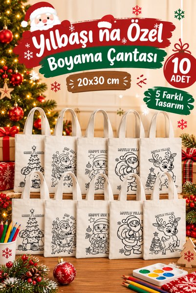 aprendi dünyanı ve kendini koru,ham bez kullan Yılbaşı Temalı Boyama Çantası 20x30 cm 10 Adet 5 Farklı Tasarım Keçeli Pastel Kuru Boya Uyumlu