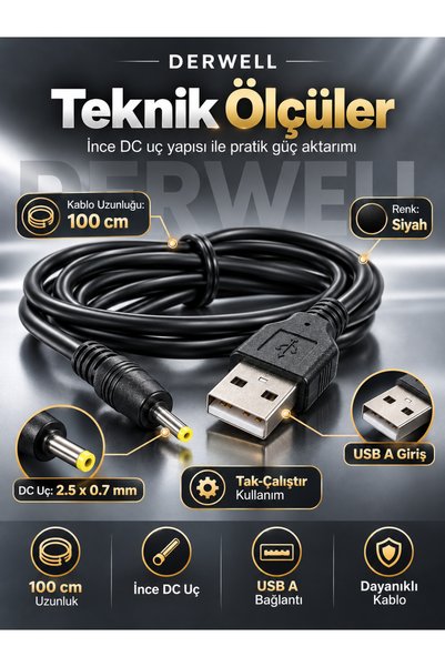 Derwell Yeni 2026 2.5 x 0.7 mm DC Jack Şarj Kablosu 5V Güç Bağlantısı Dayanıklı Malzeme Güç Kablosu Modelleri Elektronik Cihaz Adaptörü Usb A Uyumlu Dönüştürücü Soket Kabloları Hızlı Güç Aktarımı Sağlar