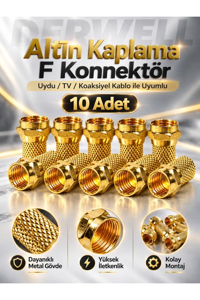 Derwell 10 Adet Gold F Tipi Uydu Konnektörü RG6 Koaksiyel Anten Kablo Ucu Giriş Jakı Televizyon Çanak Bağlantı Aparatı Yüksek İletkenlik Kayıpsız Sinyal Güçlü İletim Sabitleme Metal Gövdeli Dişli Vidali Giriş
