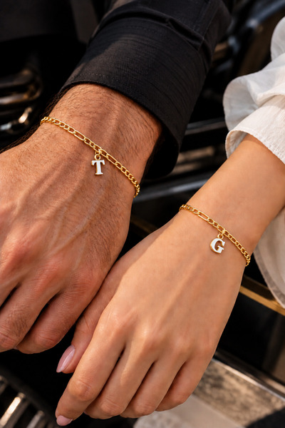 GWOMA Men's Steel Lettered Couple Bracelet - 3mm Figaro Model Lettered Couple Bracelet in Lighted Box 316 L Stainless Steel Gift for Lover, Spouse Bracelet