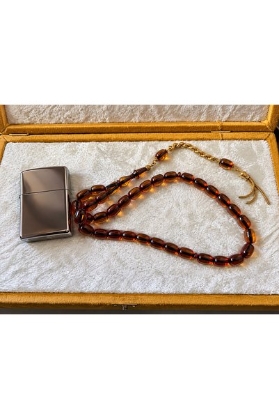ÇELİKSİLVERTAKI Premium Velvet Boxed Amber Prayer Beads and Silver Tassel Lighter Gift Set