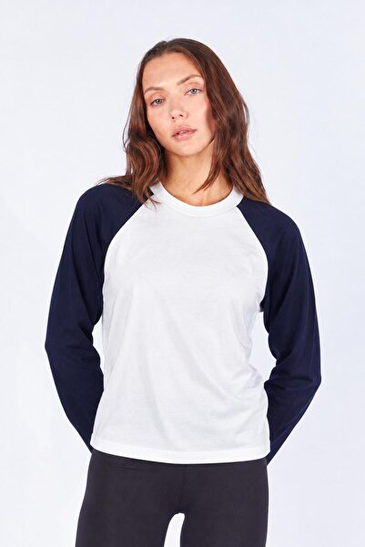 TENA Women's Navy Blue Crew Neck Blouse with Colored Sleeves