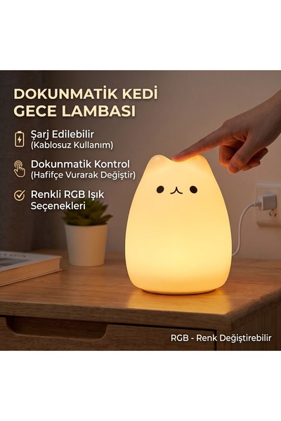 Genel Markalar RGB Renk Değiştiren Sevimli Kedi Gece Lambası / Yumuşak Siliko...
