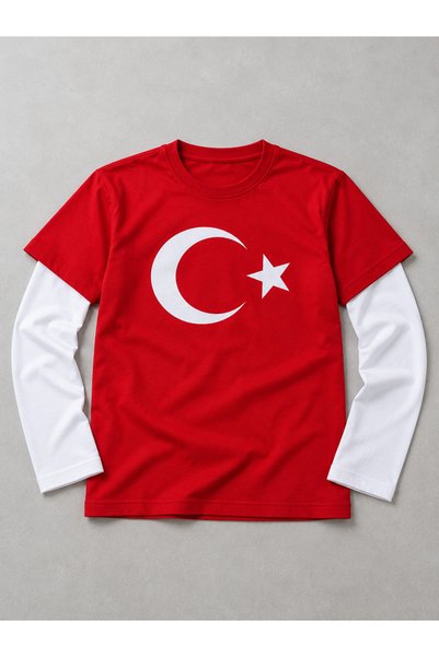 Machetta Children's Unisex White Sleeve Detailed Moon Star Printed Red Turkey...