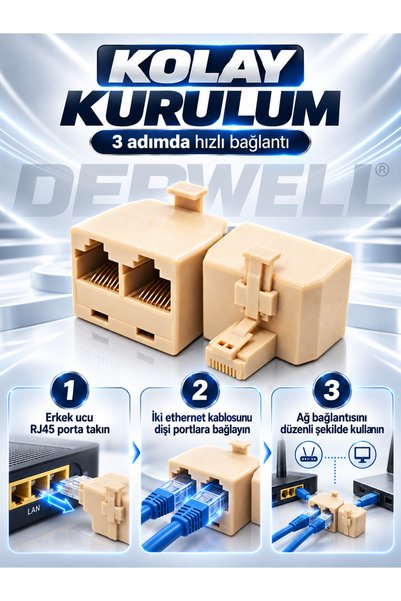 Derwell Yeni 2026 Model RJ45 Ethernet Çoklayıcı Dağıtıcı Adaptör | 1 Erkek 2 Dişi Çift Yollu Ağ Kablosu Birleştirici Çoklu Konnektör Çoğaltıcı | Modem Bilgisayar Router Uyumlu Splitter Dönüştürücü Aparat