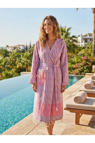ÇAPA 100% Cotton Hooded Tasseled Patterned Muslin Beach and Pool Bathrobe Pes...