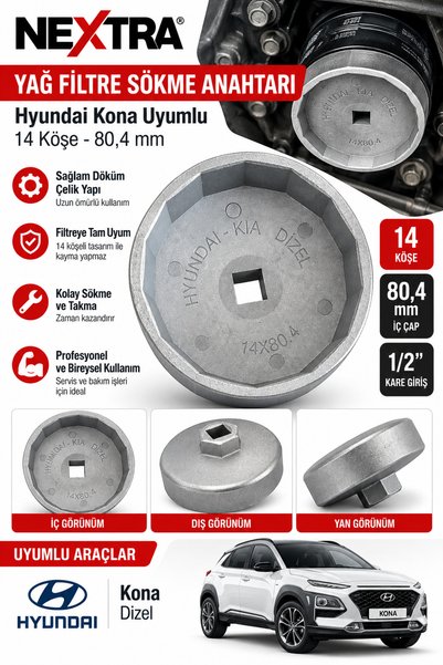 NEXTRA Hyundai Kona Kia Dizel Yağ Filtresi Sökme Anahtarı 80,4 mm 14 Köşe 1/2...