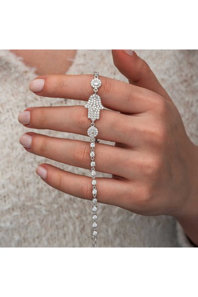 BlackCraft Silver Zircon Stone Fatma Mother Hand Women's Bracelet