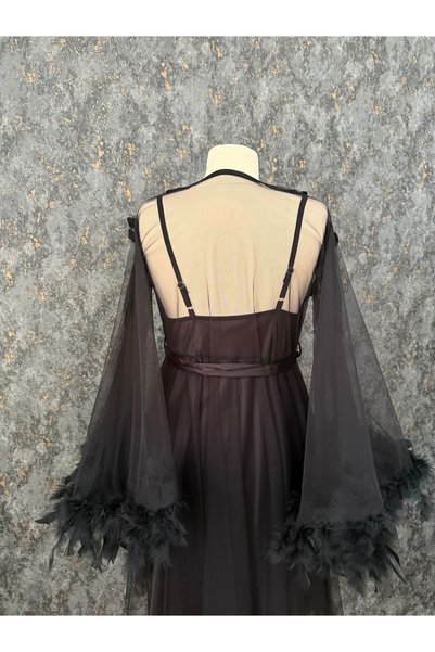 Loviana belle Special Design Feather Detailed 2-Piece Short Dressing Gown and Nightgown Set in a Box