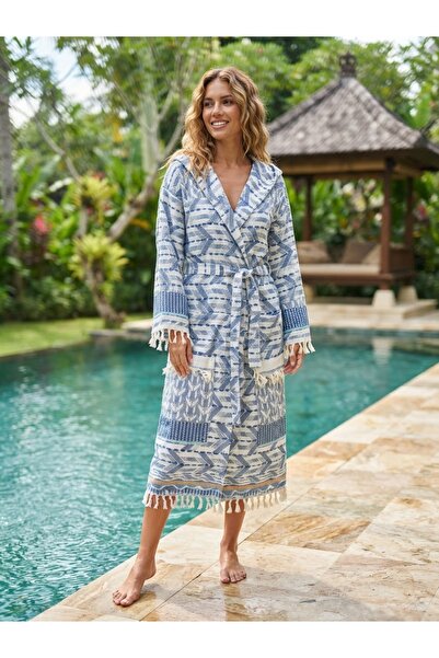 ÇAPA 100% Cotton Hooded Tasseled Patterned Muslin Beach and Pool Bathrobe Pes...