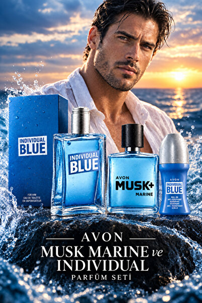 AVON Erkek Parfüm Seti Musk Marine EDT 75 ml - Individual Blue EDT 100 ml + R...