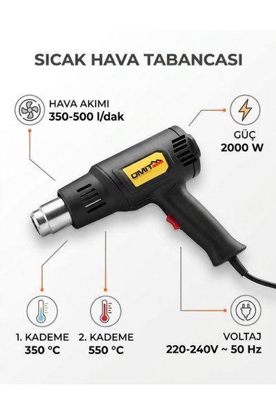 ÜMİTAVM Sıcak Hava Tabancası 2000W 2 Kademeli Sıcak Hava Tabancası Boya Sökme ve Şekillendirme + 2 Hediye Uç