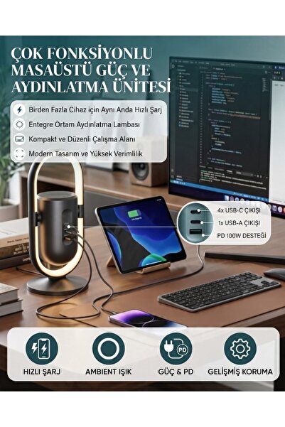 lstri Çok Fonksiyonlu 3680W Akım Korumalı Güç Kulesi, 2x Soket, 1x USB-A, 2x Type-C Çıkışlı ve LED Gece Lambalı Masaüstü Şarj Ünitesi