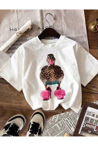 Oceanwear Fancy Duck Printed Short Sleeve Crew Neck White Women's Tshirt