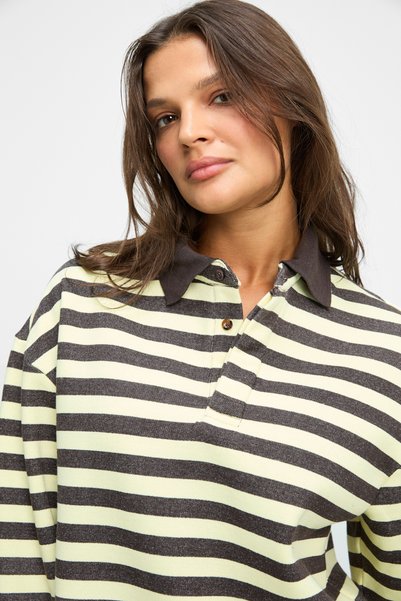 ETHIQUET MUSE Kadın Çizgili Triko Polo Yakalı Regular Fit Sarı Sweatshirt