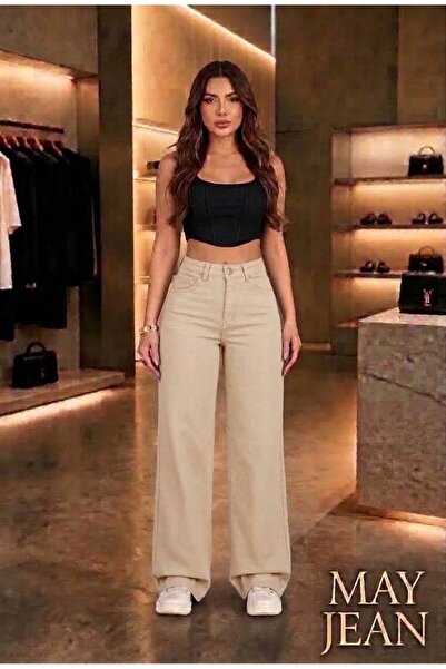 MAY JEAN Pantaloni de damă BEJ High Waist Palazzo Denim, elastici, cu picior ...