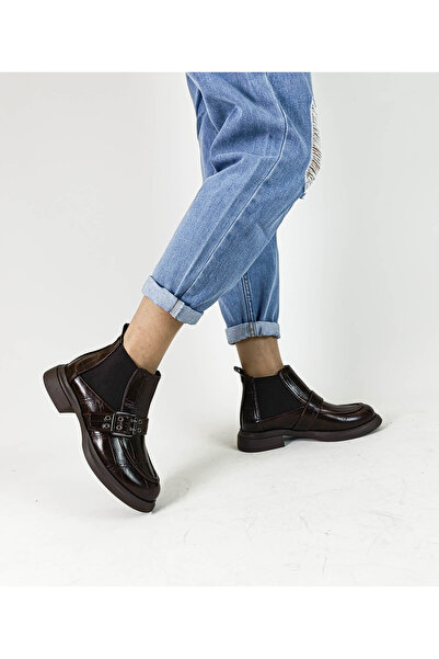 GDT Ayakkabı Brown Color Elastic Buckle Thick Heel Women's Boots