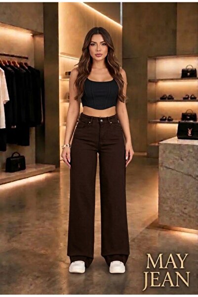MAY JEAN KAHVERENGİ Pantaloni de damă înalți, tip Palazzo, din denim, elastic...