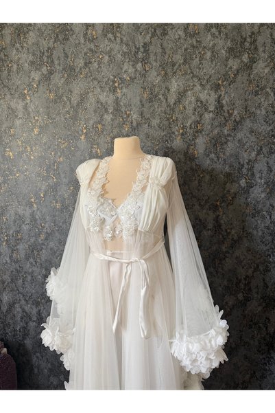 Loviana belle Special Design Rose Detailed Long Dressing Gown and Nightgown Set Satin (Boxed)