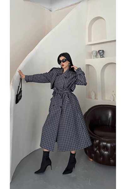 ORSELIA Women's Lilac Plaid Patterned Belted Double-Breasted Collar Long Trench Coat
