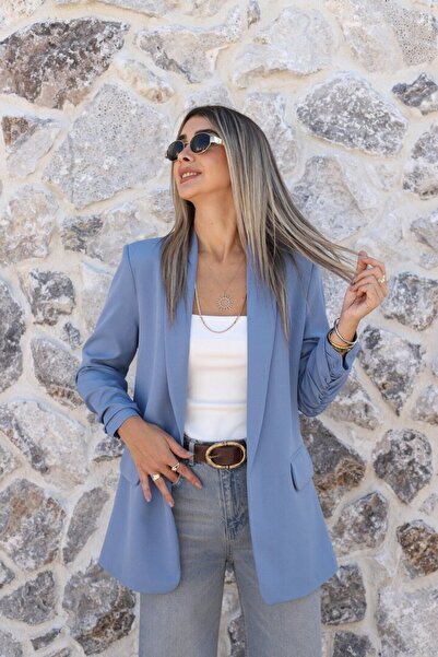 bytugcekaya Pastel Blue Sleeve Ruffle Detail Blazer
