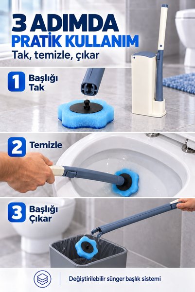 indirimsevinci 8 Sünger Başlıklı Kendinden Deterjanlı Tuvalet Klozet Temizleme Fırçası Kapaklı Standlı Set