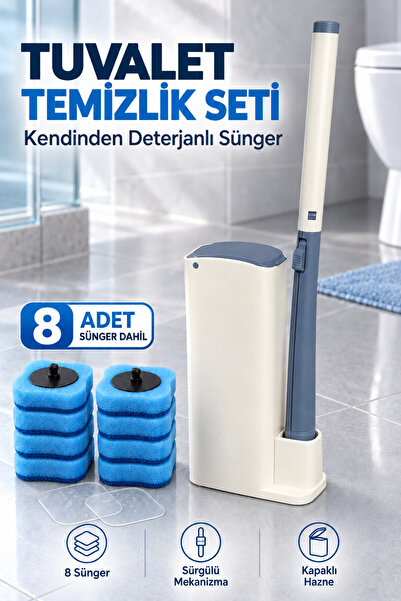 indirimsevinci 8 Sünger Başlıklı Kendinden Deterjanlı Tuvalet Klozet Temizleme Fırçası Kapaklı Standlı Set