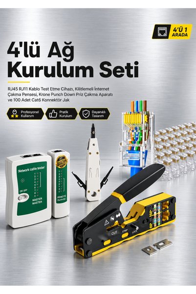 MVLH Kilitlemeli Internet Çakma Pensesi / RJ45 RJ11 Kablo Test Etme Cihazı / Krone Punch Down Priz Çakma Bıçağı / 100 Adet Konnektör - Ağ Kurulum Seti