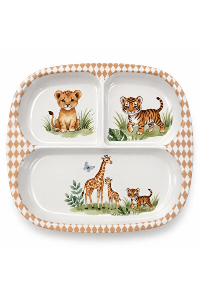 ela777 Melamine 3-Compartment Children's Dinner Plate with Safari Pattern and Giraffe, Lion, Tiger Figures