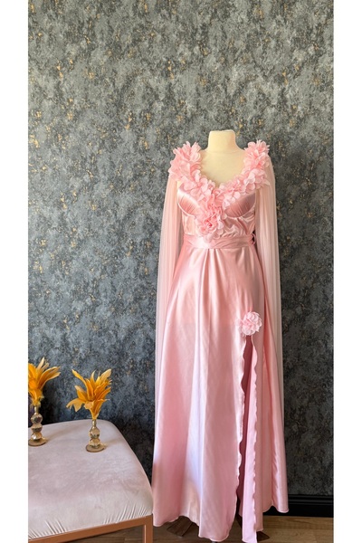 Loviana belle Special Design Rose Detailed Satin Long Nightgown (Boxed)