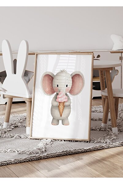 KEYFHOME Poster de pictură MDF cu elefant drăguț cu înghețată, înrămat în lem...