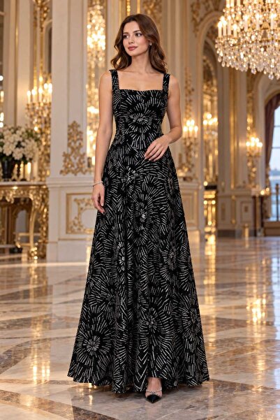 uzer abiye Luxury Series - Kahve & Bakır Işıltılı Flok Baskılı Kare Yaka Prem...