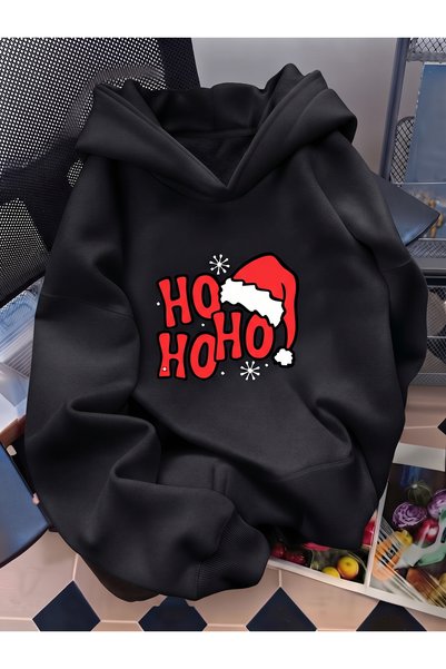 one button Унисекс HOHOHO Премиум овърсайз суитшърт с качулка, с червен детай...