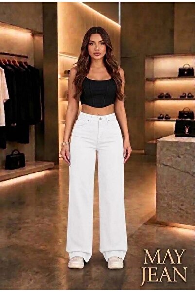 MAY JEAN ALB Pantaloni de damă înaltă talie din denim Palazzo, elastici, cu p...