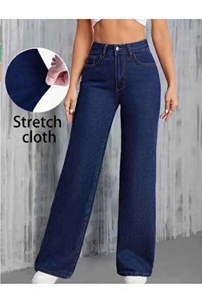 MAY JEAN Pantaloni de damă DARK BLUE Palazzo cu picior larg și talie înaltă