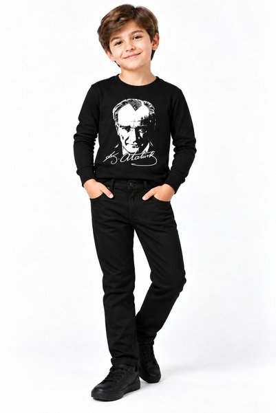 NACAR STYLİSH Erkek Çocuk Atatürk ve İmza Baskılı T-shirt, Cepli Düz Kesim Pa...
