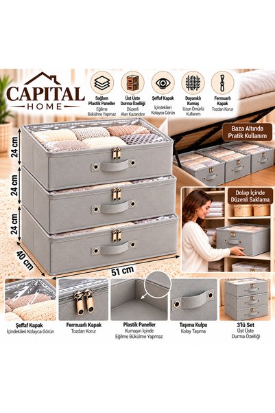 Capital Home 3 ADET ÇOK AMAÇLI DÜZENLEYİCİ HURÇ + SAKLAMA KUTUSU ŞEFAF KAPALL...