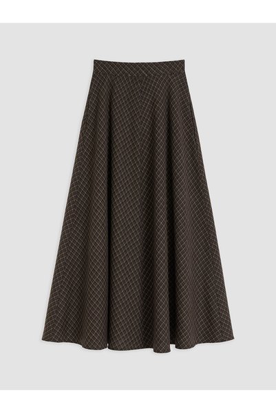 LC Waikiki Lcw Modest Brown Poplin Plaid Long Women's Skirt with Nevavm Diffe...