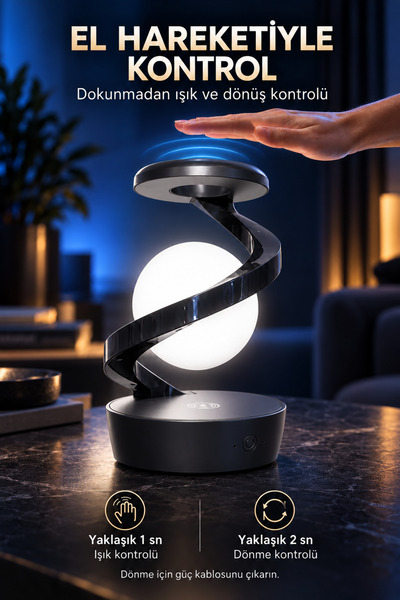 indirimsevinci Dönen Küre RGB LED Masa Lambası Hareket Sensörlü Type-C Şarjlı Kablosuz Dekoratif Gece Lambası