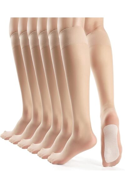 GENERAL Womens 6 Pairs Knee High Sheer Tight Socks Silky Anti-Slip Cotton Sol...