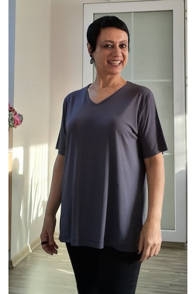 Mertcan Butik Smoked V-Neck Side-Slit Short-Sleeved Combed Viscose T-Shirt