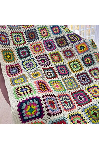 Crochet Bilgen El Örgüsü Granny Square Motifli TV Battaniyesi 90x130 cm Çok R...