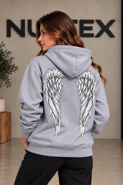 NUATEX Angel Winged Angel Written 3-Threaded Hooded Regular Fit Sweatshirt