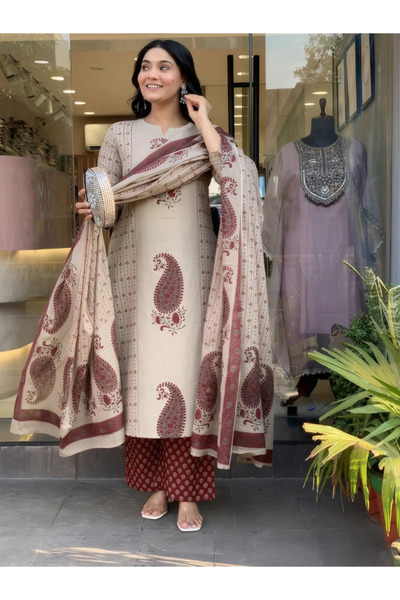 MYSMAR Beige & Maroon Paisley Printed Viscose Palazzo Suit Set - ALV2223 | Be...