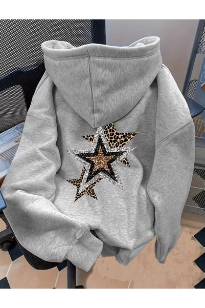 one button Unisex Erkek/Kadın Parlak Leopar Yıldız Sırt Baskılı Premium Kapüş...