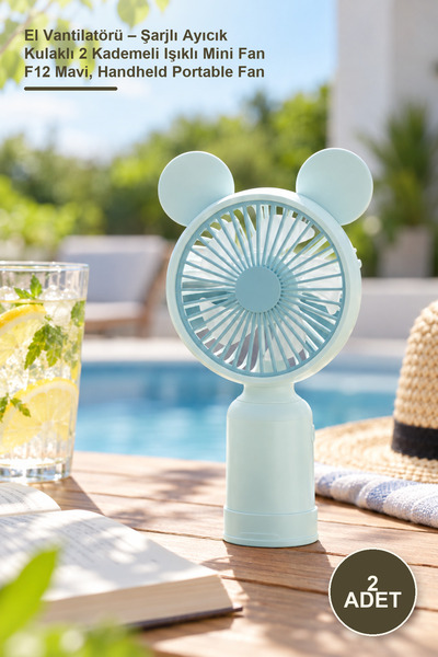 Yenilig 2 Adet El Vantilatörü – Şarjlı Ayıcık Kulaklı 2 Kademeli Işıklı Mini Fan F12 Mavi, Handheld Portable Fan