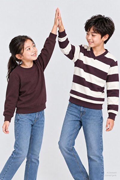 Perendi Unisex children's 2-piece plain and striped winter sweatshirt set